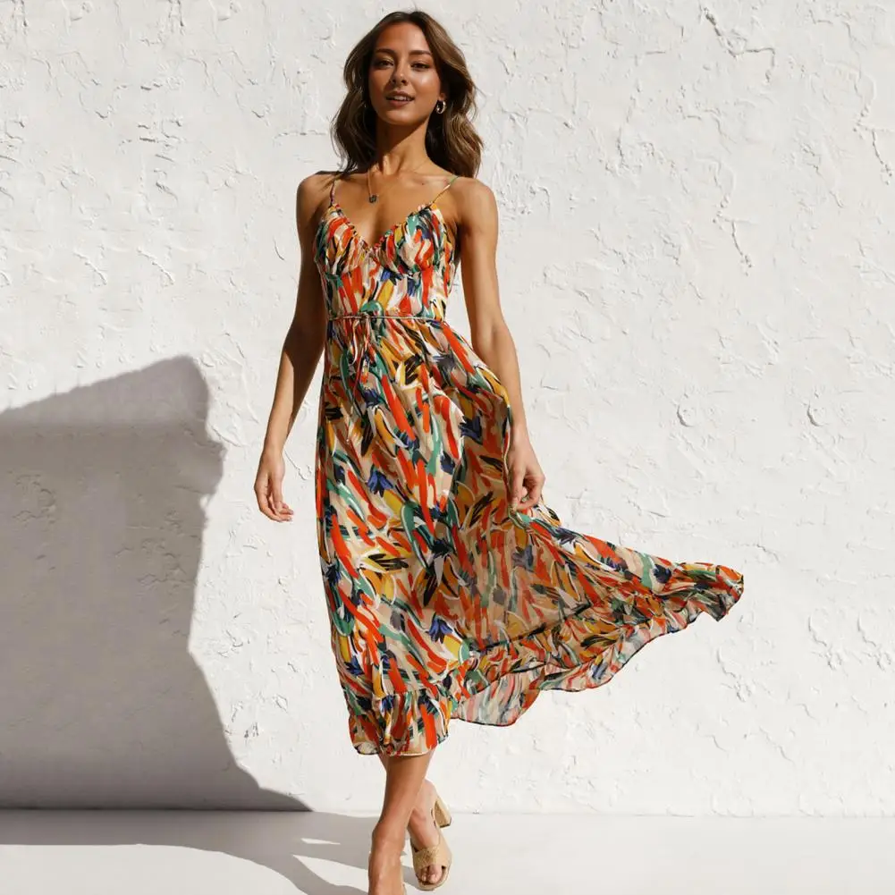 Sexy Blumen druck kurzes Kleid Frauen Sommer Mode Spaghetti träger rücken frei Strand Sommerkleid lässig ärmel los neu in Kleidern 2024