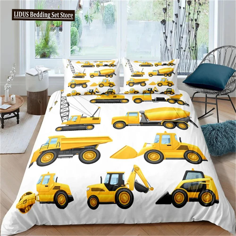 

2/3pcs Simple Cartoons Car Bedding Set High Quality Child Excavator Crane Polyester Duvet Cover Twin Single Full Queen King Size