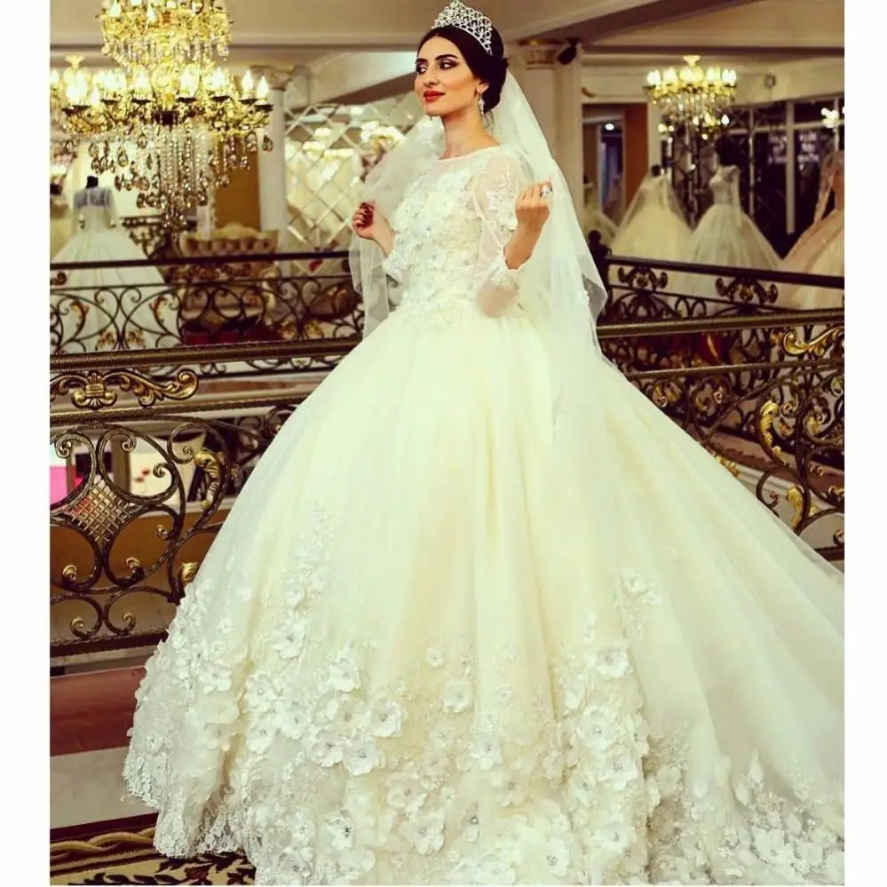 

Gorgeous Cathedral Train BallgownWedding Dresses 2023 3 D Floral Appliques Long Sleeve Muslim Vestido De Noiva Bridal Gowns