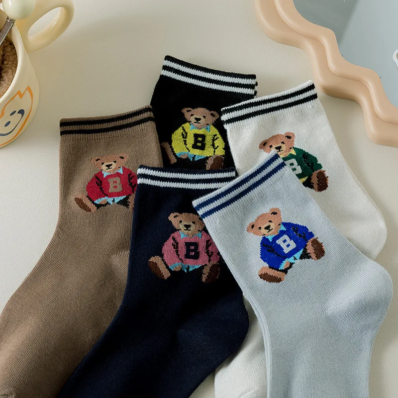 5 Pairs Cartoon Elegant Lady Bear Women\'s  Cute Socks Cotton Harajuku Style Woman Novelty Breathable Sox Christmas Gifts