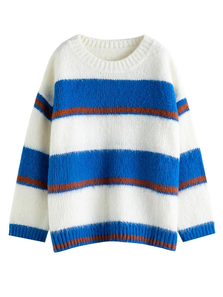 ZIQIAO Mohair Stripe maglione delle donne 2022 autunno inverno nuovo vintage girocollo lavorato a maglia Top blu bianco donna casual maglione