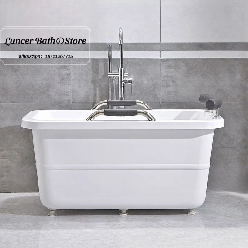 Acrylic Small Bathtub with Handrail for Elderly, Home Use Spa Bench Soaking Tub, Safety Grab Bar Bath for Seniors