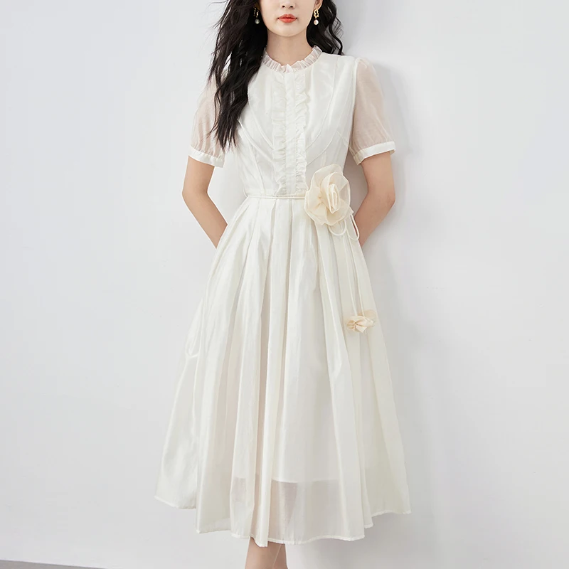 

French Style Elegant Fashion Dresses For Women 2024 Summer Short Sleeve Women's Clothing Vintage Solid Woman Long Dress A-line