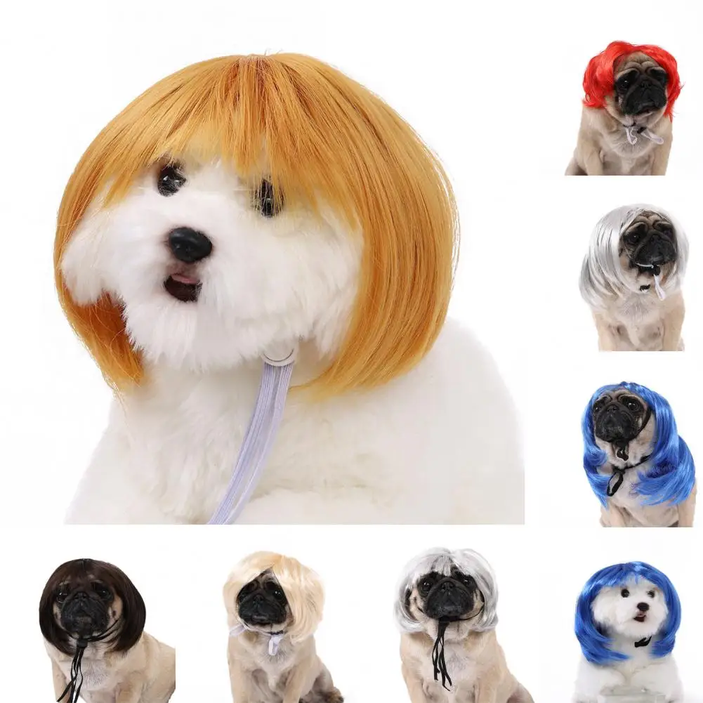 Dog Cosplay Wig Pet Wig with Elastic Band for Cat Dog Cosplay Halloween Christmas Party Photo Prop Glossy Anti-slip Straight