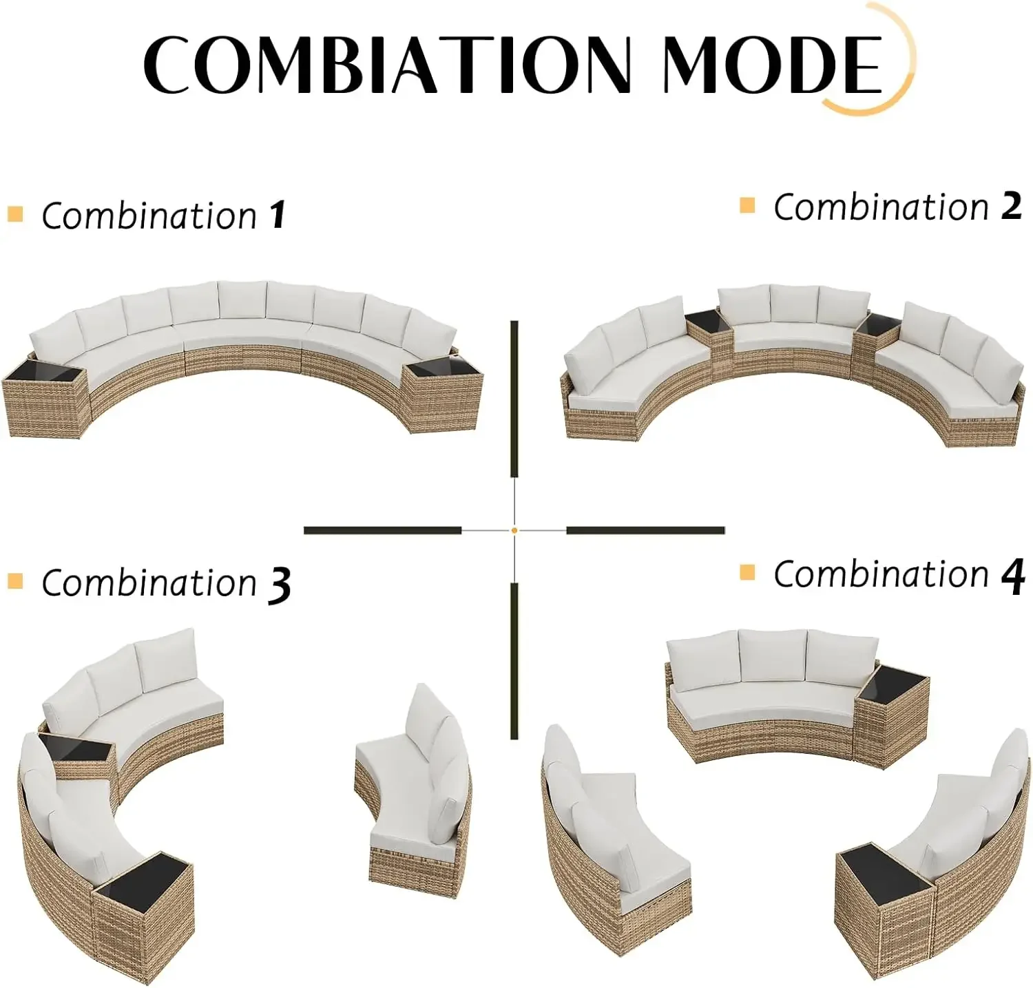 Ensemble de meubles demi-lune avec grande table compensée de rangement, sectionnel rond, jardin d'arrière-cour, 11 pièces