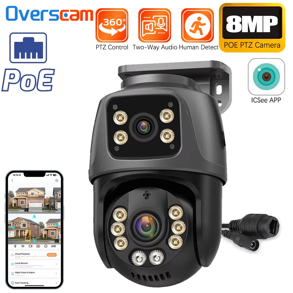 

4K 8MP POE Network Surveillance Camera PTZ IP Camera ONVIF Dual Lens Two Way Audio Human Detection Outdoor Security ICSEE XMEYE