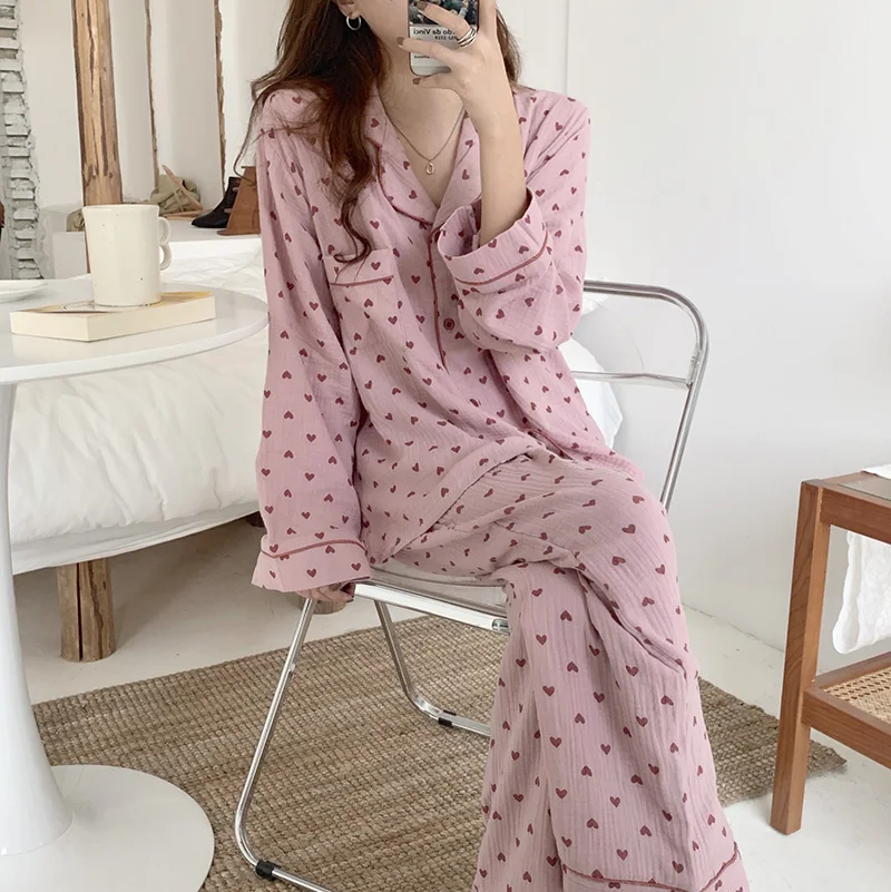 Autumn Pajamas Set 100% Cotton Heart Print Single Breasted Shirts + Trousers Suit Sweet Kawaii Sleepwear Loose Homewear Vintage