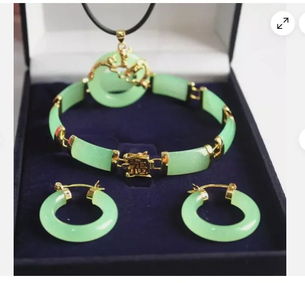 Plated Women Jade Pendant Necklace Earrings Bracelet Lucky Jewelry Sets