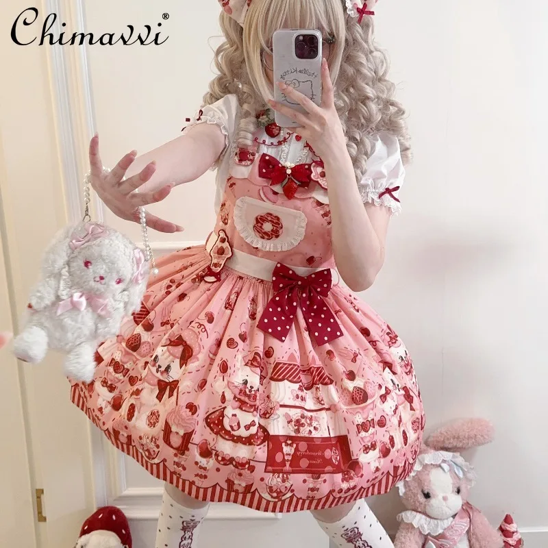 Robe princesse Lolita originale pour filles, à bretelles, avec nœud mignon, imprimé de dessin animé, taille haute, Kawaii, pour femmes, nouvelle collection automne 2025