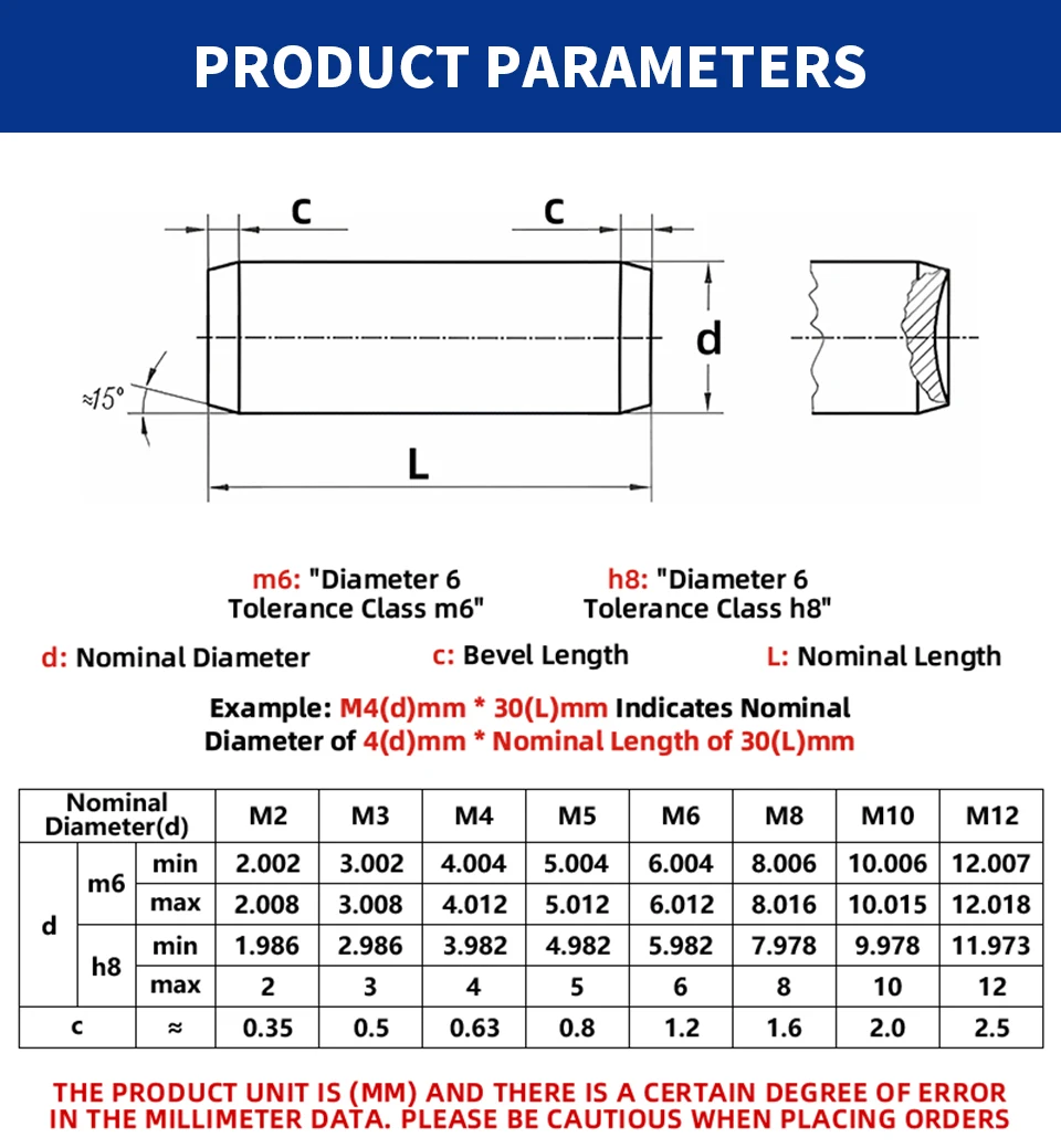 M1.5 M2 M2.5 M3 M4 M5 M6 M8 M10 M12 304 Edelstahl-Positionierstift, zylindrischer Ausrichtungs- und Befestigungsstift, entspricht GB/T 119.1 – Detail 3