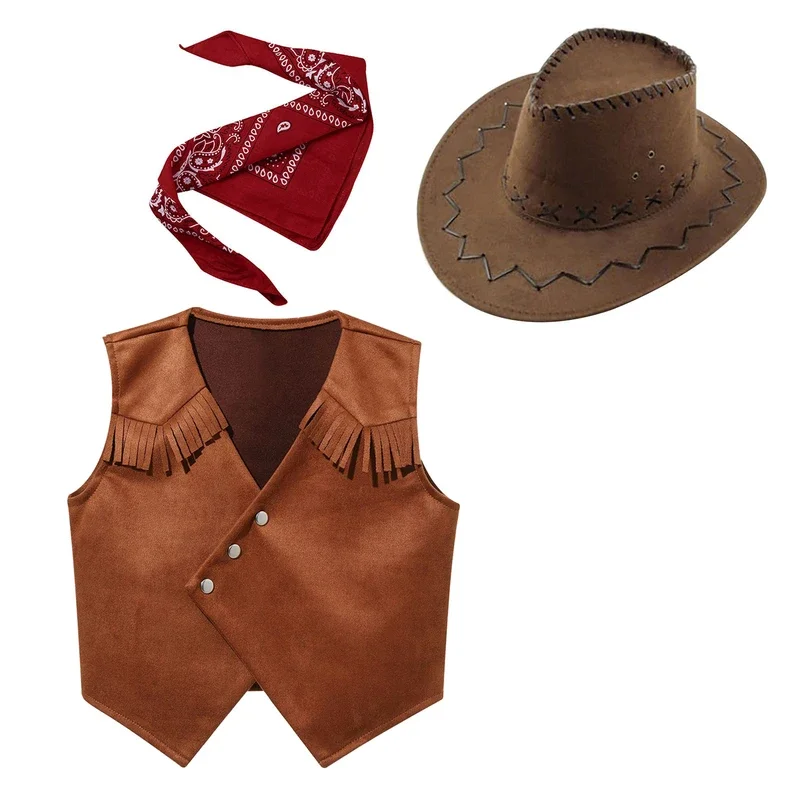 Kids Western Cowboy Cowgirl Costume Suede Leather Fringe Vest with Bandanna Felt Hat Halloween Wild West Cosplay Party Dress Up