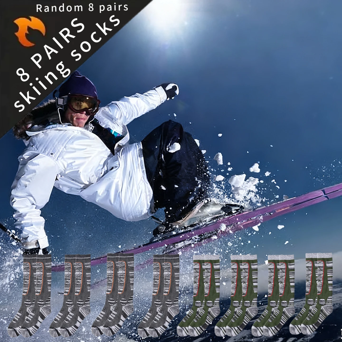 8 جوارب مزدوجة للخريف والشتاء للرجال والنساء سميكة دافئة وقابلة للتنفس للمشي لمسافات طويلة، والتزلج على الجليد، جوارب رياضية خارجية طويلة أنبوبية للتزلج