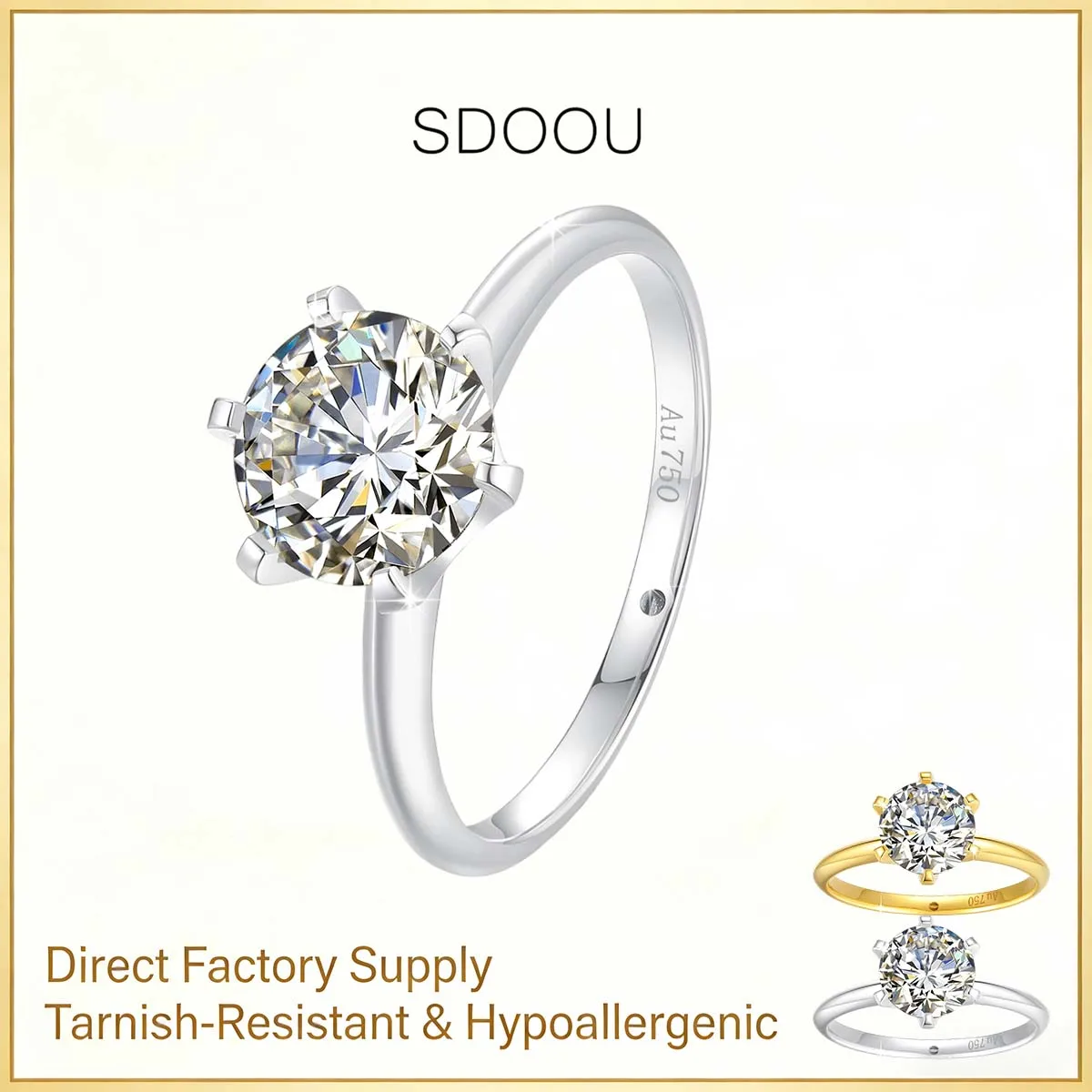 

SDOOU Classic 18K Gold Certified Round Moissanite Rings 6 Prongs 0.3ct-2ct D VVS1 Lab Diamond Solitaire Promise Jewelry For Her