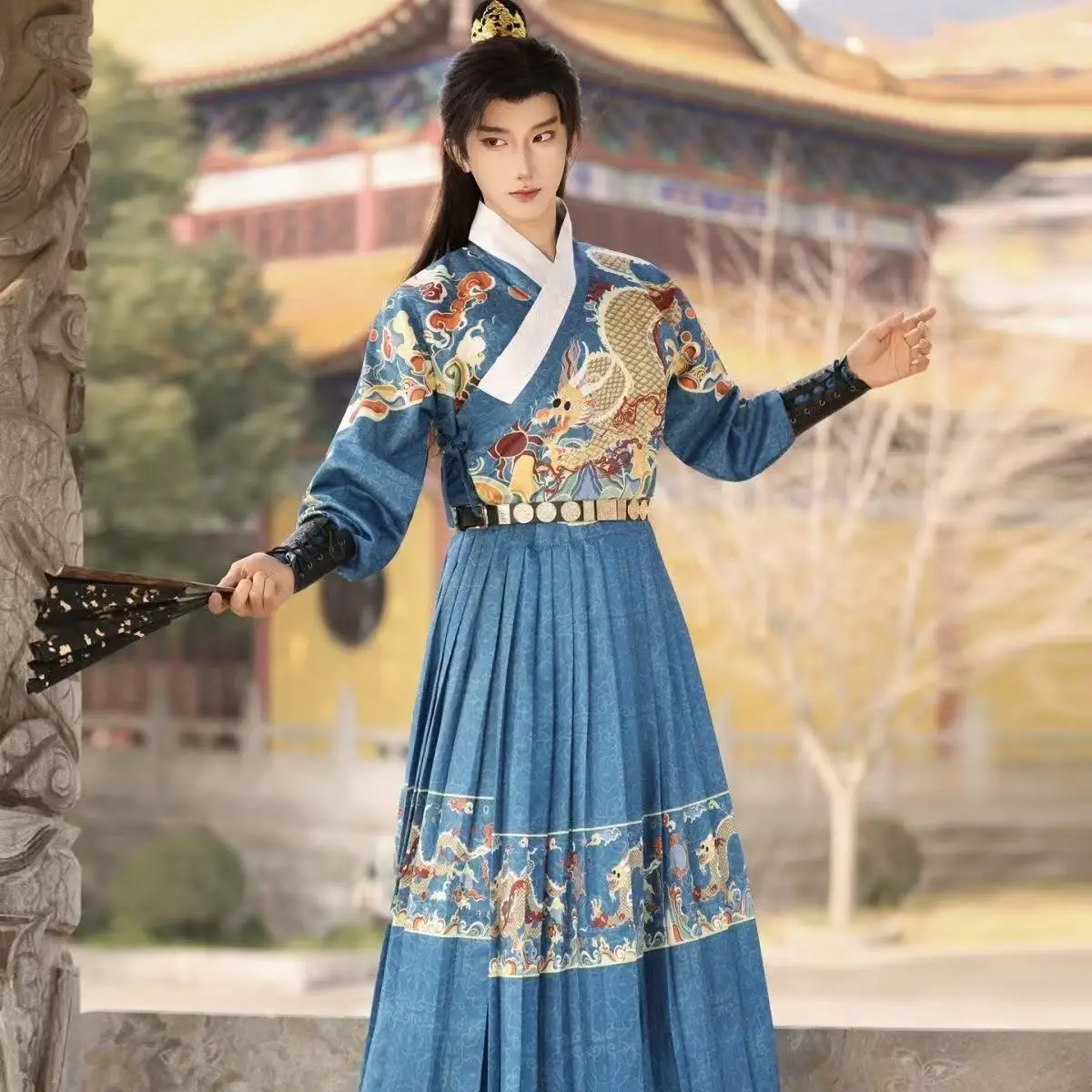 

Groom Dragon Hanfu Men's Traditional Chinese Printing Flying Fish Suit Halloween Royal Guard Cosplay Costume Wedding Outfit Blue