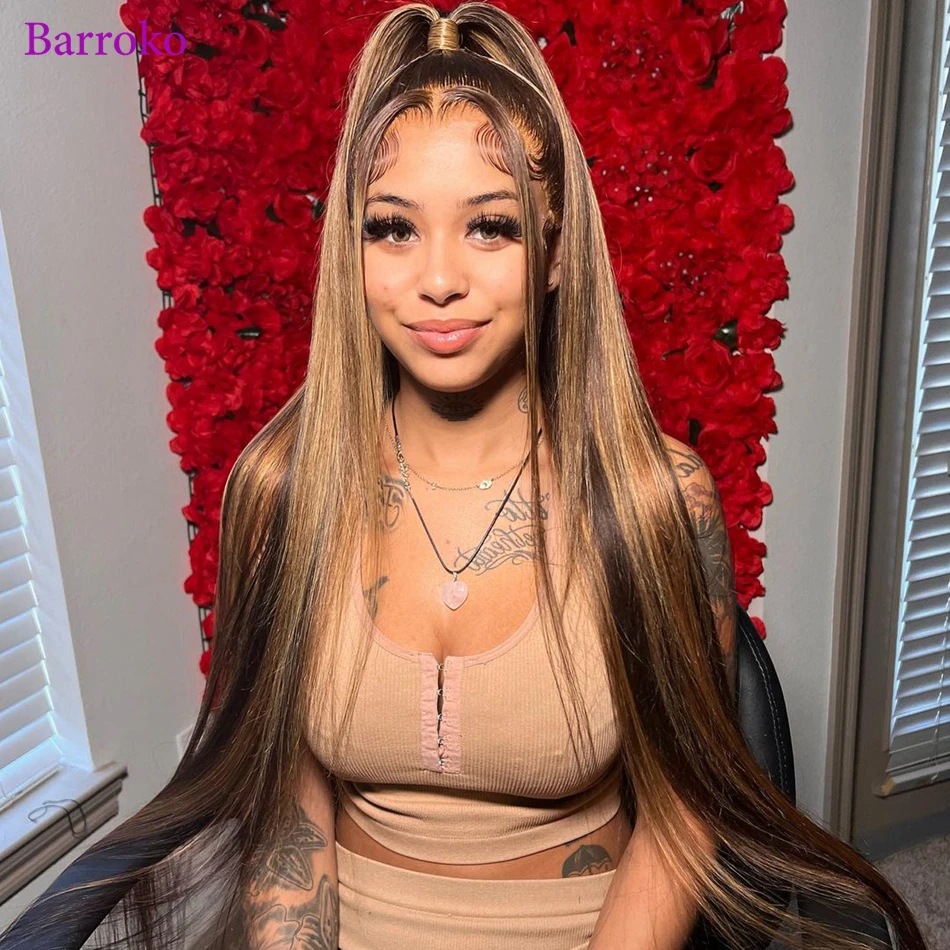 Barroko 1B 27 Highlight Colored Bone Straight Human Hair Wigs 14-34 Inch Transparent Front Lace Wigs Human Virgin Brazilian Hair