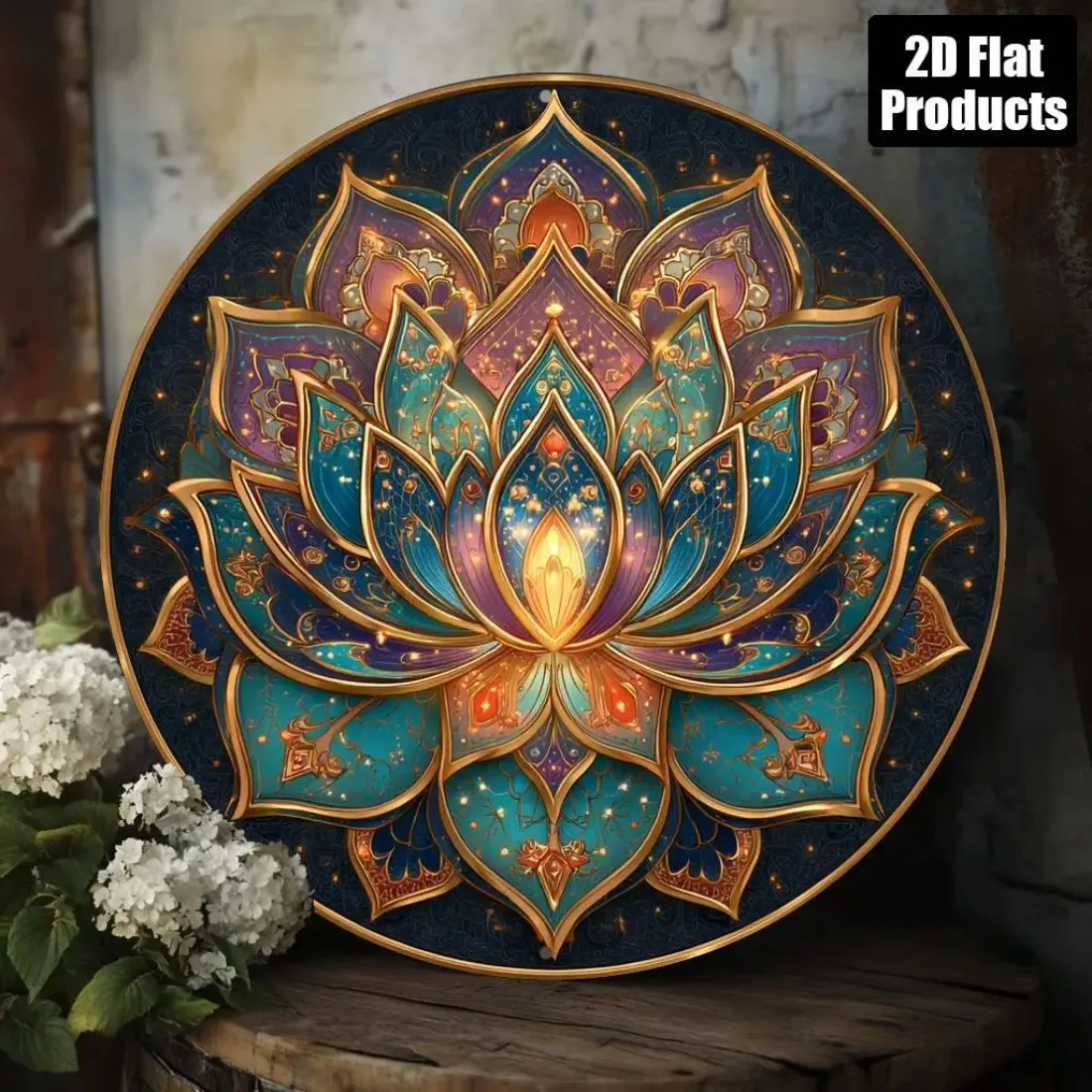 20,3 x 20,3 cm rundes Lotus-Mandala-Wandkunst-Blau-Gold-Metallschild, Heimdekoration