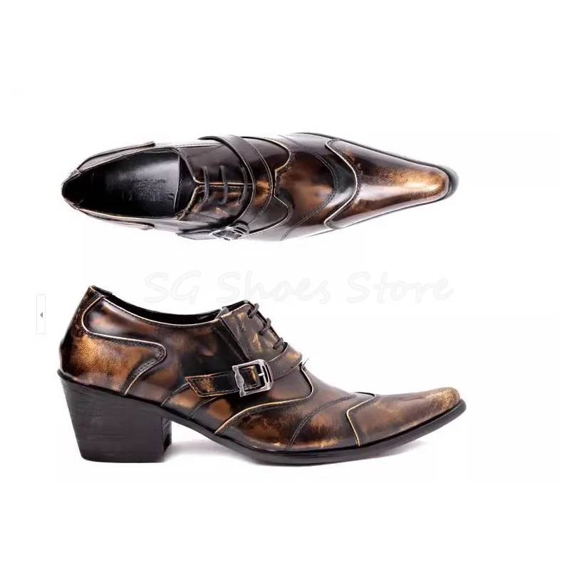 

Punk Style Pointed Toe Chunky Heel Oxofrds for Men Wedding Dress Shoes Retro Sewing Belt Buckle Decor Loafers Male Derby Shoes