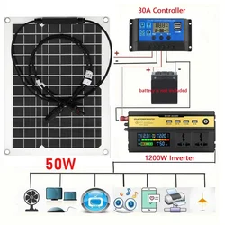 Solar Power System 12V To 220V 1200W Inverter Kit 50W Solar Panel Battery Charger with 30A Controller Home Grid Camp Phone PAD