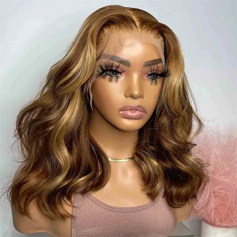 Short Bob Ash Blonde Lace Frontal Wig 100% Human Hair Brown Highlight 13x4 Water Wave HD Lace Front Human Hair Wigs For Women