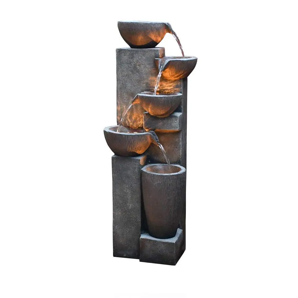 5-Tier Outdoor Water Fountain Resin Fountain Decor with LED Lighting Natural Polyresin ing Stone Decor for Garden Patio