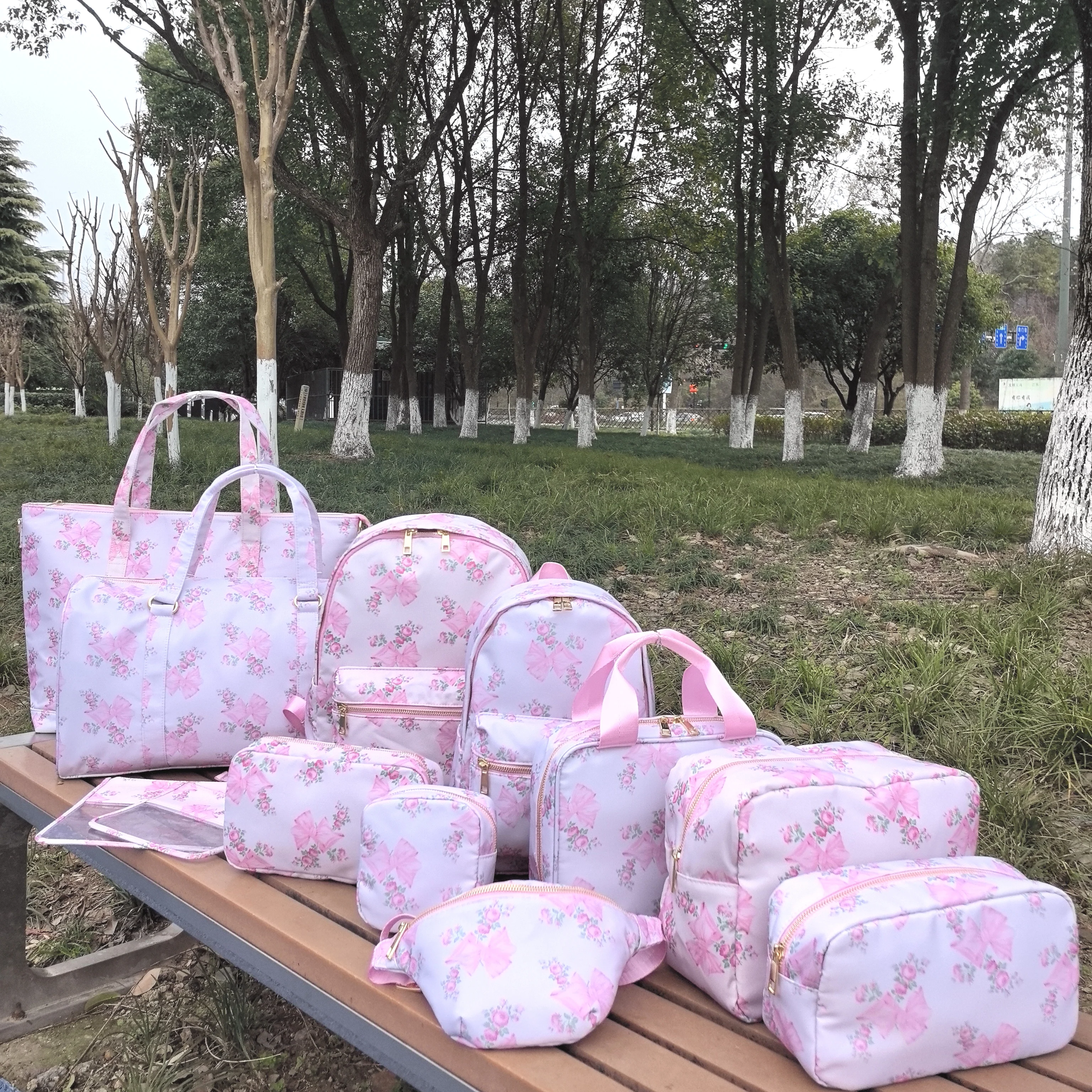 Flowers Bow Printed Nylon Waterproof Travel Make up Pouch Bags Backpack Tote bag Duffle Bag Fanny Pack for Women Girl Ladies