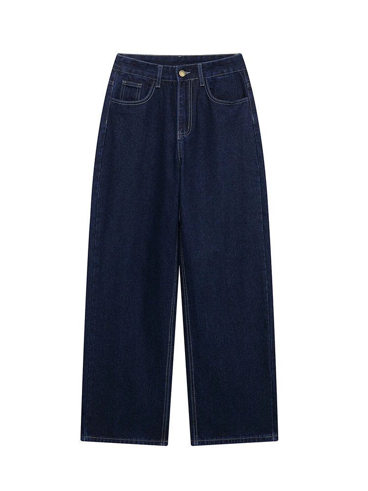 

KUCLUT Women Fashion Denim Navy Blue Front Zipper Straight Pants Vintage High Waist Full Length Female Chic Lady Trousers