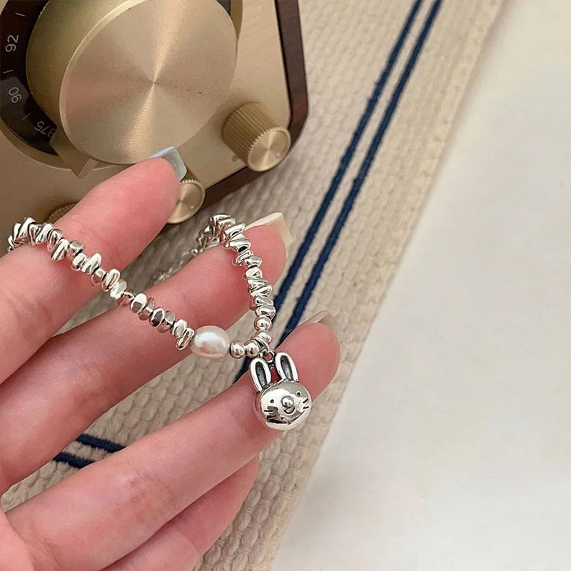 Small Silver Bunny Pendant Pearl Bracelet Women's 925 Sterling Silver Light Luxury Small New Accessories High End Jewelry