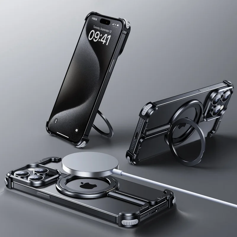 Aluminum Alloy Magnetic Frame Phone Case For iPhone 15 Plus 14 13 12 Pro Max Metal Ring Holder Hard Corner Protect Funda Cover