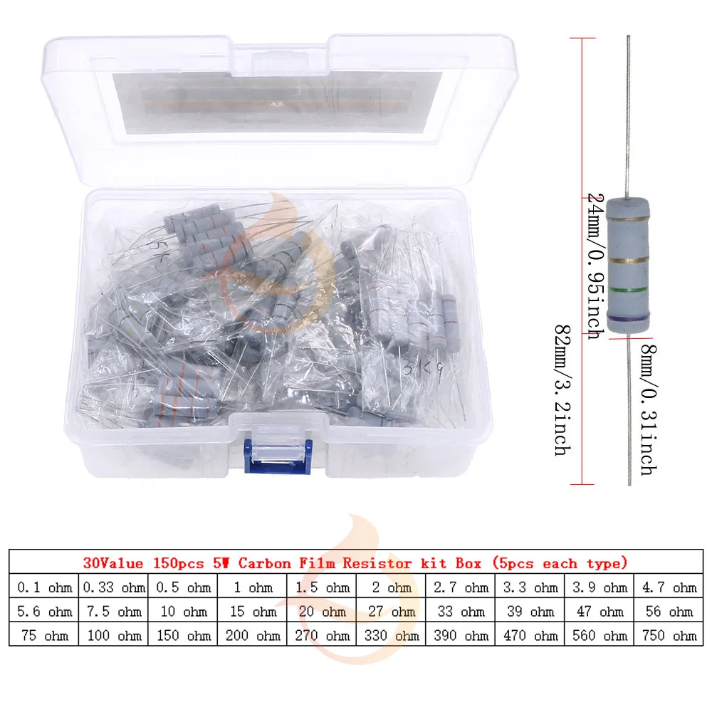 Kit de Resistor de Filme de Carbono Sortido com Caixa, 1/8W, 1/4W, 1/2W, 1W, 2W, 3W, 5W, 5% 0 Ohm, 10m, ohm, 1K, 2K, 5,1 K, 10K, 47K 100K 220K 470K