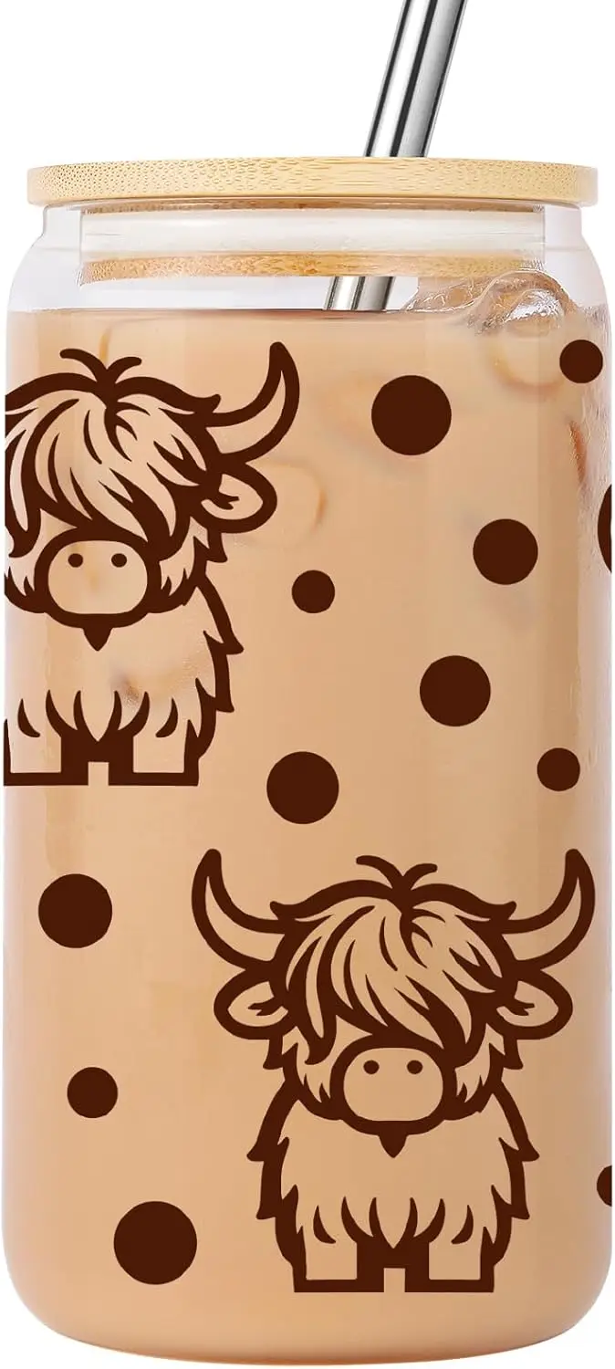

Чашка Highland Cow, Stuff с коровьим принтом, милая стеклянная чашка на 16 унций с крышкой и соломой, подарки Highland Cow для женщин, девочек-подростков, ее, мама, фу