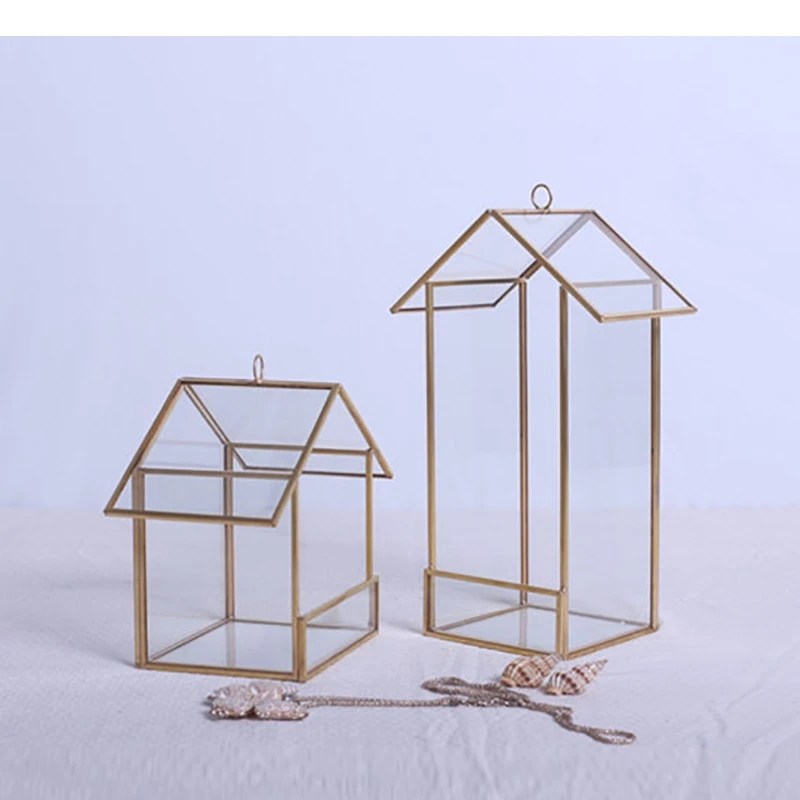 House Shape Glass Cosmetic Jewelry Storage Box Metal Frame Pencil Holder Home Desktop Sundries Container Snack Candy