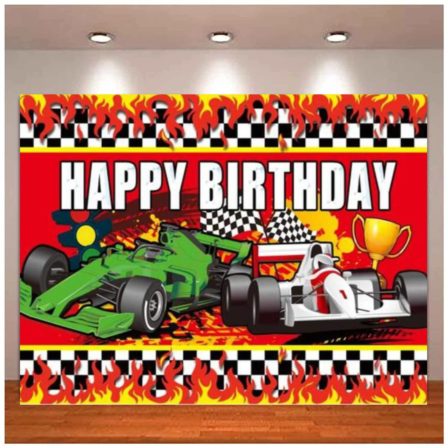 Racing Car Birthday Photography Backdrop Champion Flag Black White Grid Track Red Flame Background For Boy Party Supplies Decor