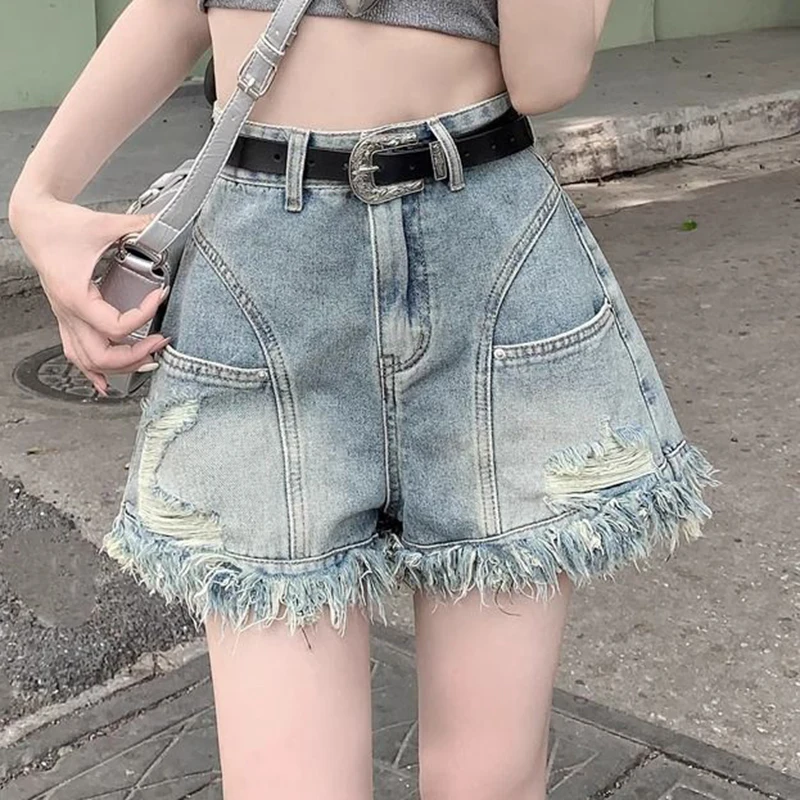 Retro pear shaped high waisted denim shorts for women's summer slimming design distressed burr edges short pants