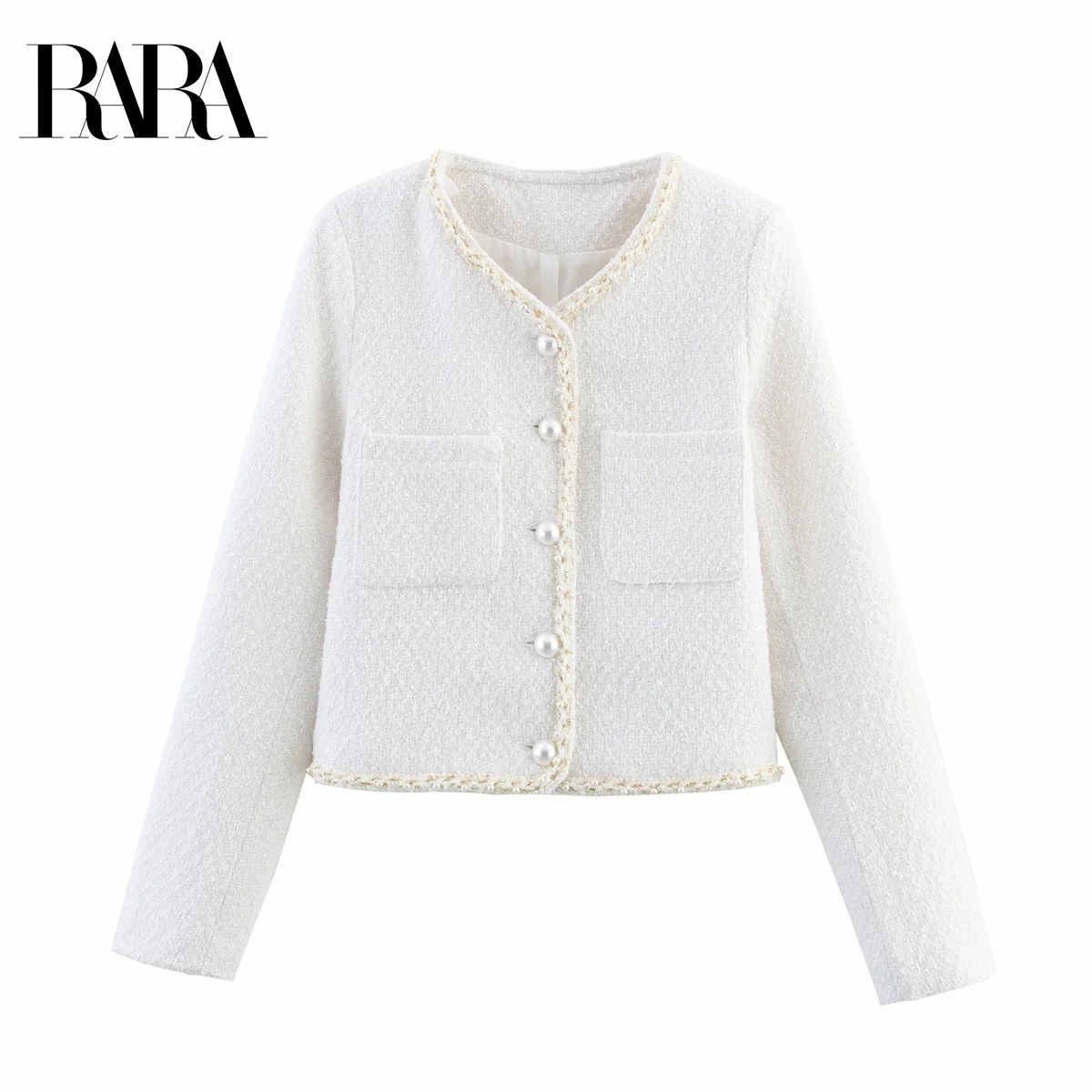 

RARA2025 Новая летняя женская одежда в стиле ретро, повседневная темпераментная простая короткая куртка с инкрустацией искусственным жемчугом, маленькая ароматная стильная куртка