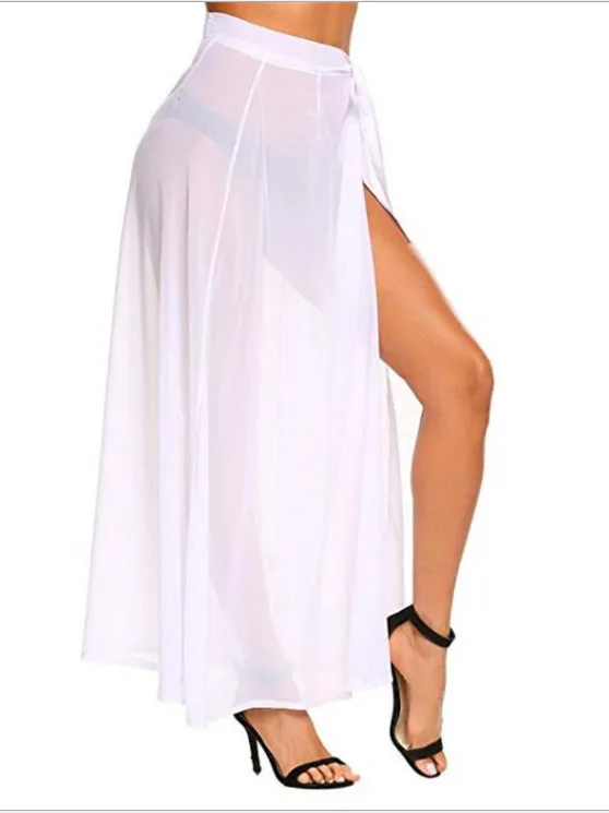 Sexy meados de comprimento praia protetor solar f saia cor pura chiffon com cinto divisão transfronteiriça feminina faion commute sle saia