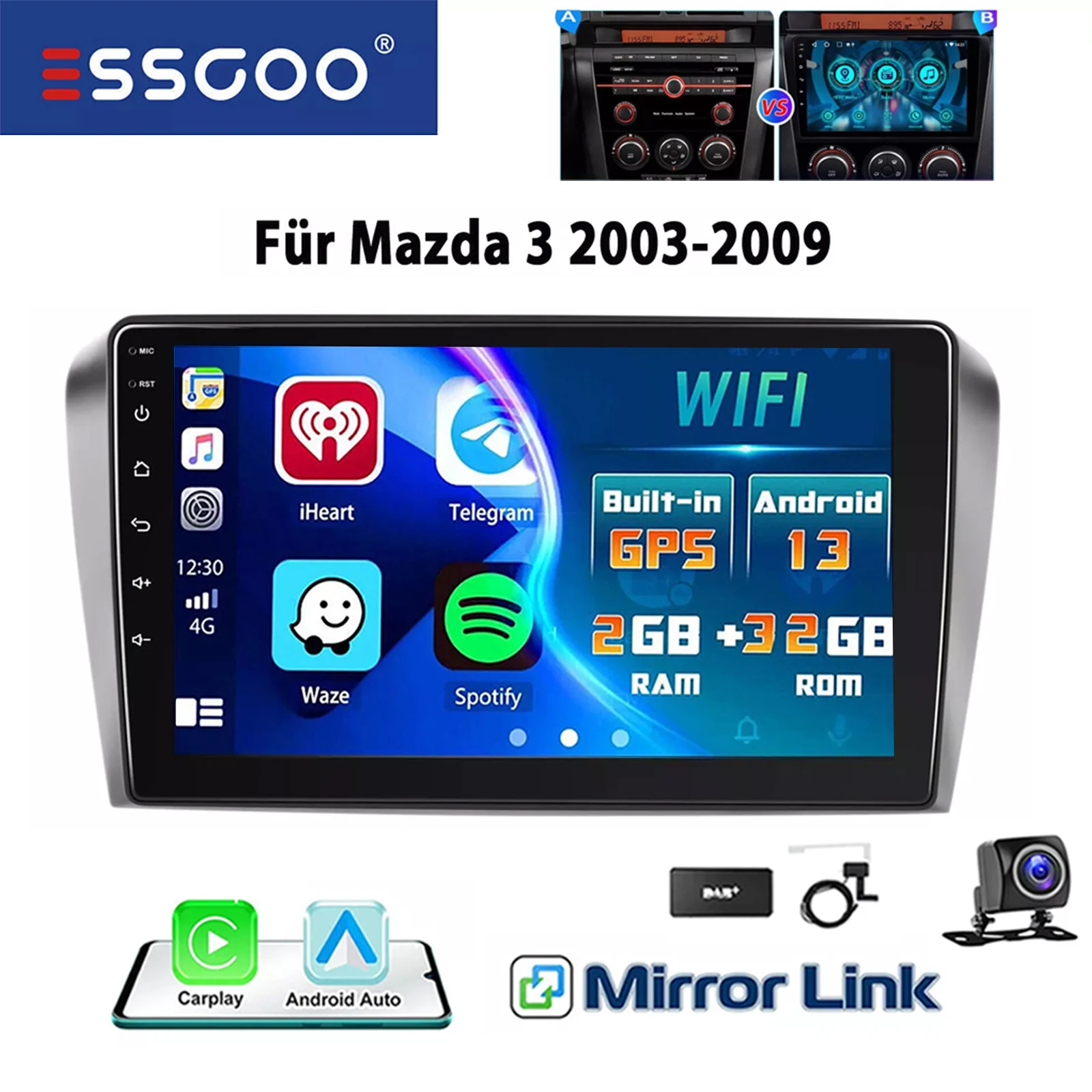 ESSGOO 9" 2 DIN HD Touchscreen Display voor Mazda 3 2003-2009 Android 13 Autoradio Wireless CarPlay GPS Navigatie Stereo Bluetooth FM WIFI RDS Multimedia Video Speler 32G/64G 4 Core