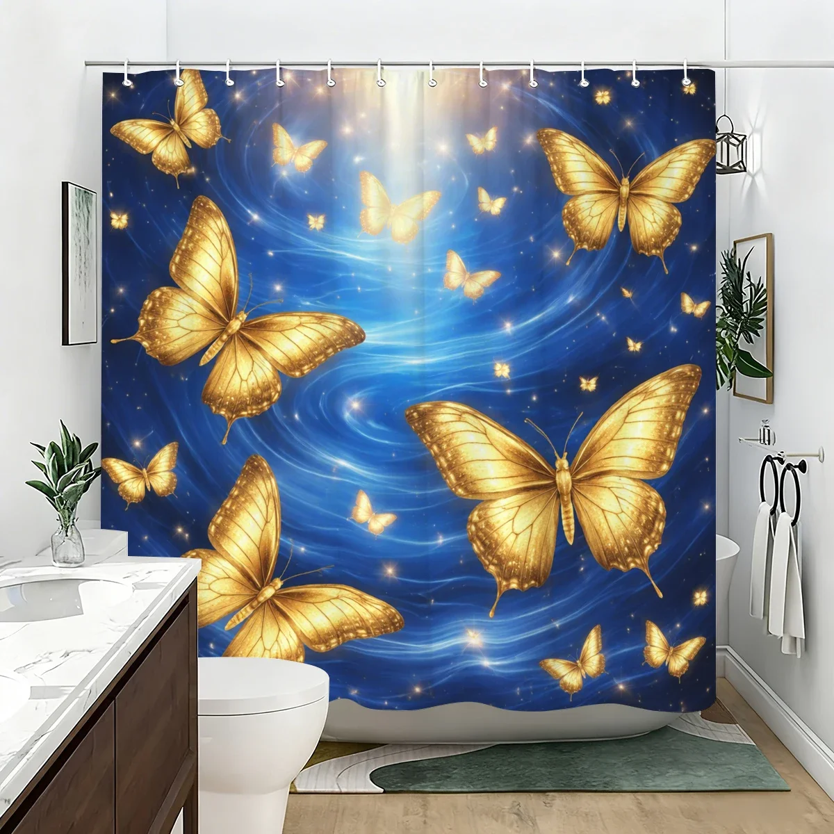 Vibrant Butterfly & Dragonfly Printed Polyester Shower Curtain - Stylish Bathroom Decor, Decorative Bath Linen For Home