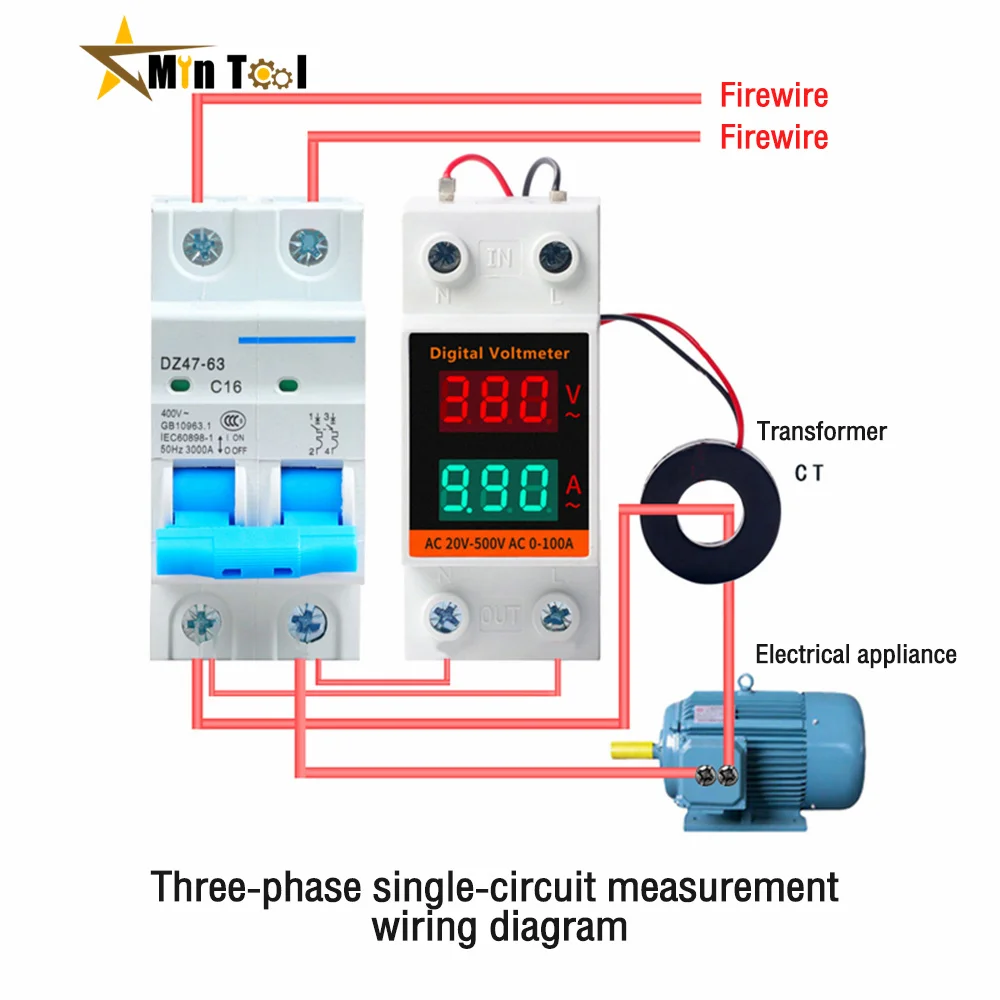 Din Rail LCD Dual Digital AC Voltmeter Ammeter AC220V 380V Meter AC60-500V AC0.00-99.9A Amp Monitor for Electrician Tool