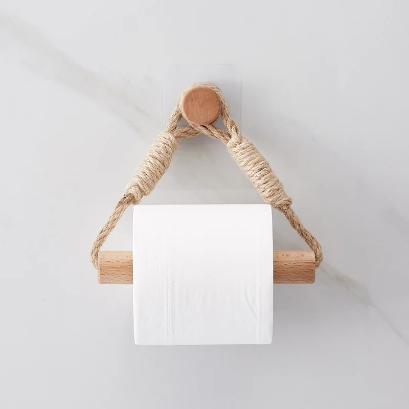 

Wall Storage Rack Toilet Paper Holder Roll Wooden Nordic Retro Manual Hemp Rope Pine