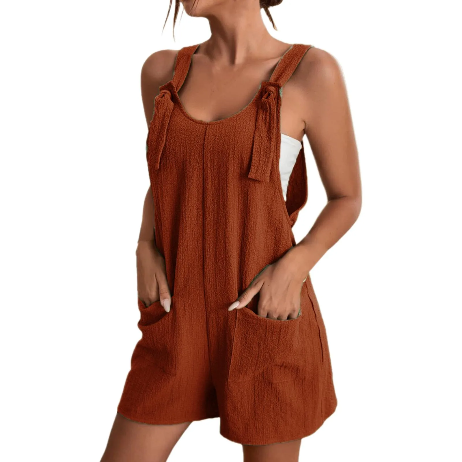 Women Boho Loose Overalls Solid Color Square Collar Playsuits Sleeveless Rompers Summer Casual Clothes Jumpsuit With Pocket