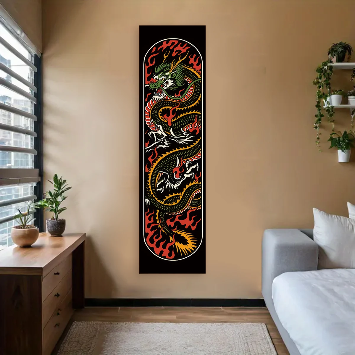 Retro Tattoo Style Dragon Wall Tapestry Skateboard Shaped Wall Hanging Decorative Banner for Bedroom Dorm Living Room Home Decor