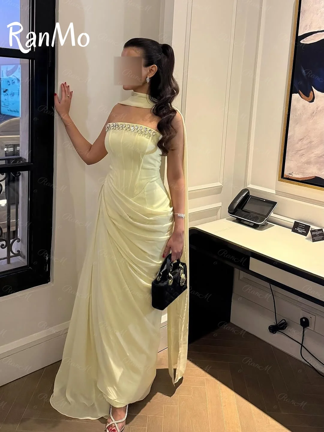 Ranmo Customized See Through Chiffon Strapless Sleeveless Evening Dress Temperament Prom Dresses Delicate Crystal Party Gown New