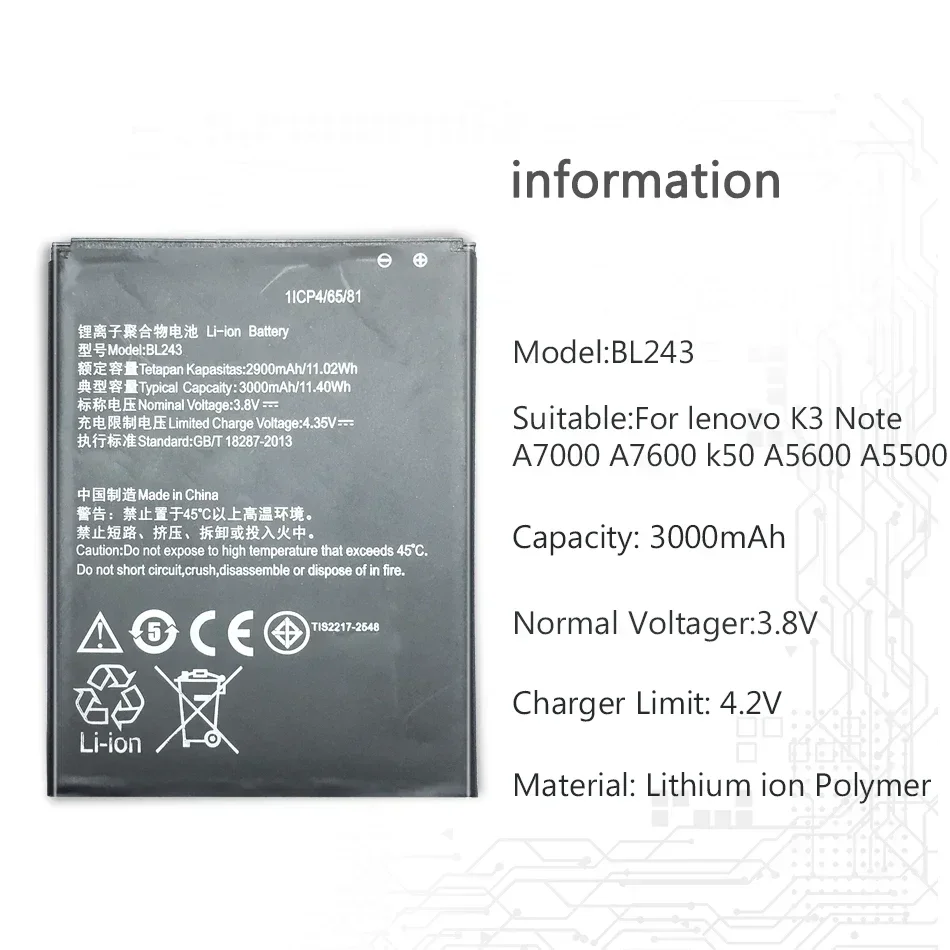 3000mAh Rechargeable Lithium Polymer Battery BL243 for Lenovo K3 Note K50-T5 A7000 A5500 A5600 A7600 Portable Batteries Warranty