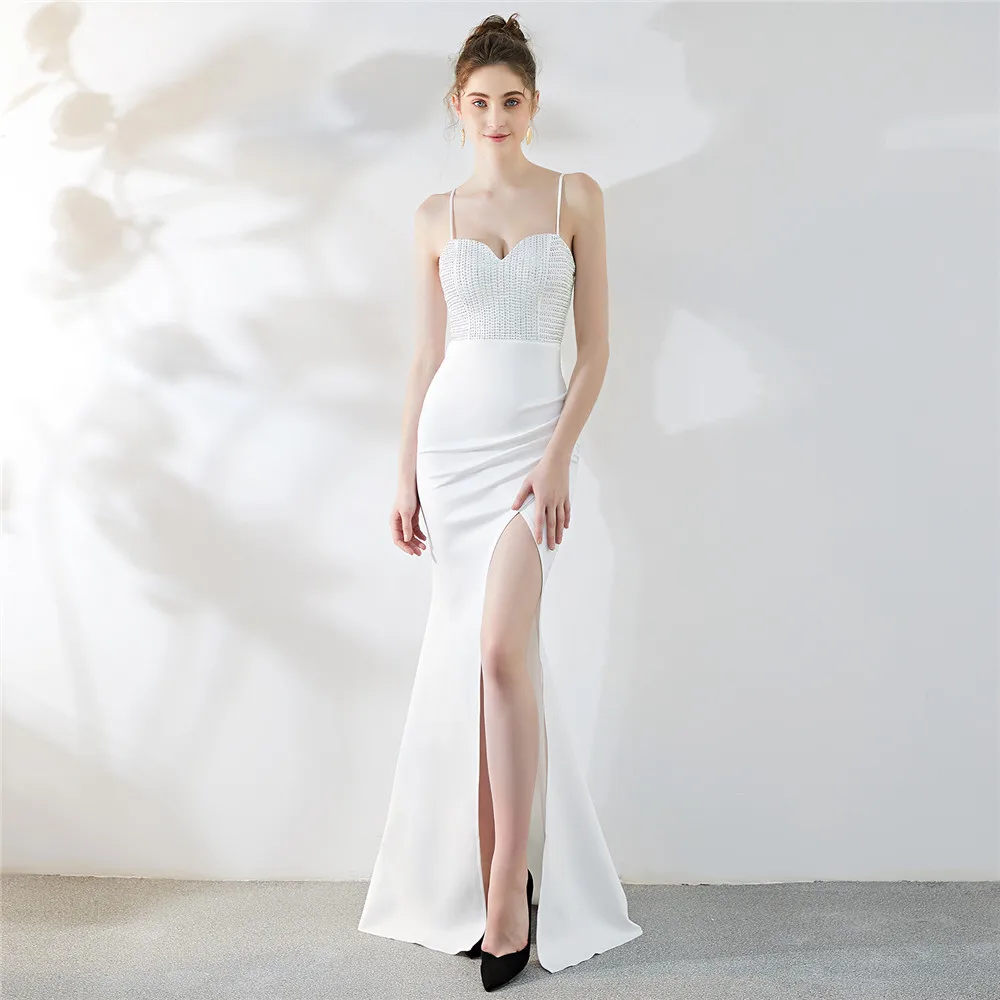 Women Sexy Strap Dress High Slit Evening Party Wear Crystal Dress