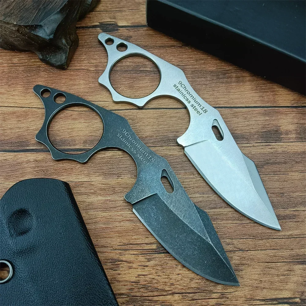 5/ MINI EDC Full Tang Neck Knife 9cr18 Stone Washing Stainless Steel Tactical Fixed Blade Compact Knife With Chained Sheath