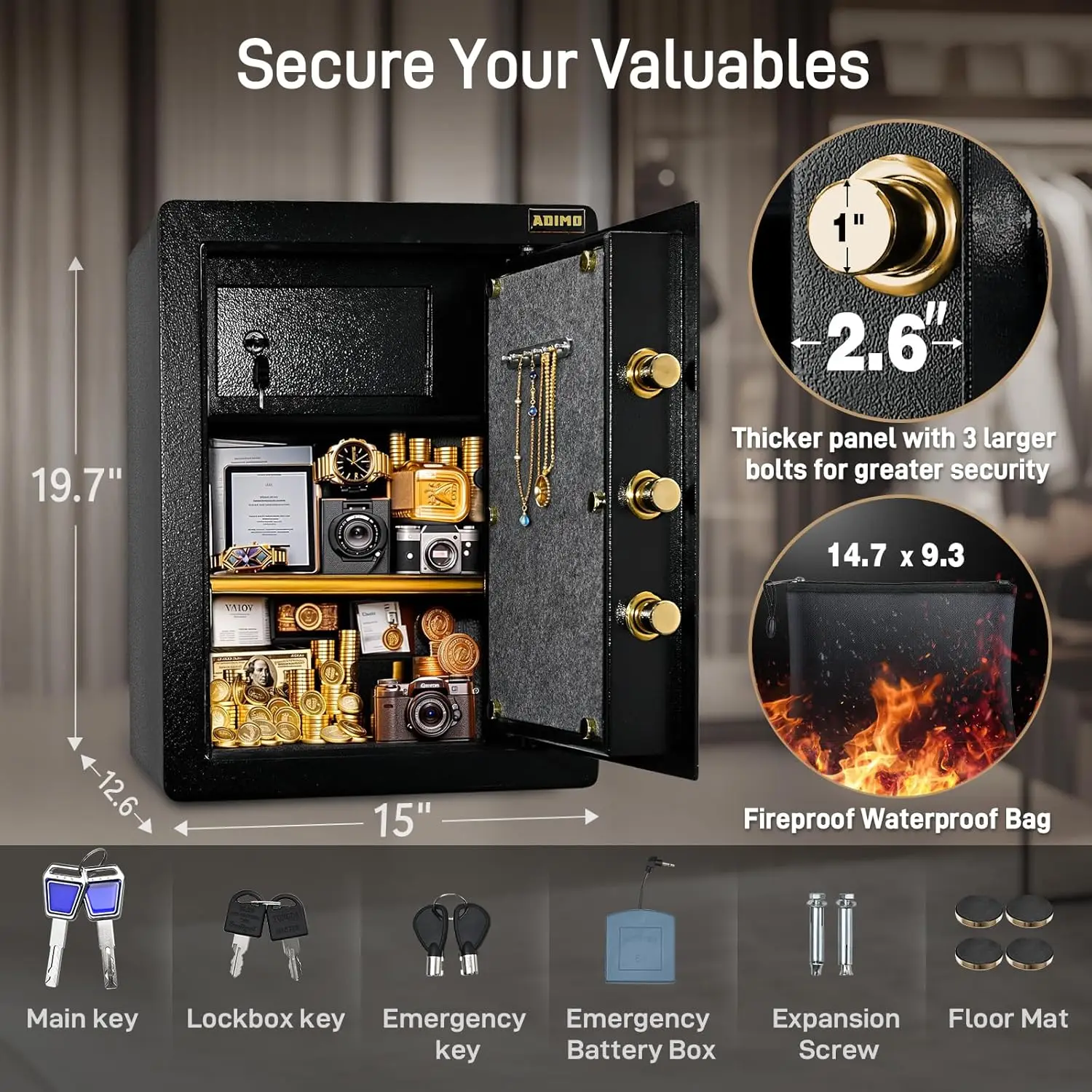 Safe, 2.1 Cuft Heavy Duty Steel Home Safe Box with Digital Keypad&Key Lock, Built-In Lockable Cabinet, Hidden Money Box Storage