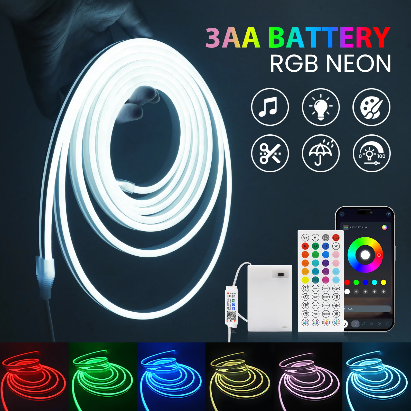 

DC 5V 3AA Battery Powered RGB Neon Strip Light Home Decor Flexible Ribbon Tape Rope LED Strip