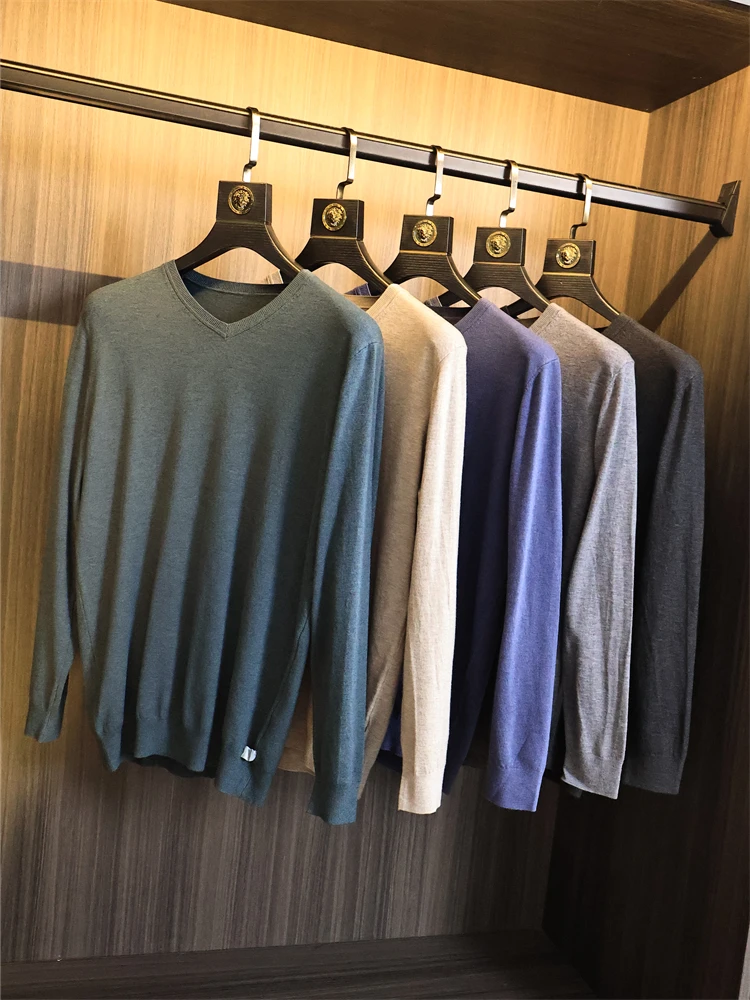 

Faionable V-Ne Knitwear Men's Pure Color Skin-Friendly Autumn Winter Basic Versatile Simple Sli Long Sve Sweater