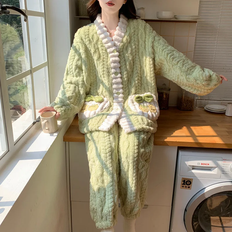 Women's Pajamas Sleepwear for Sleeping Sets Coral Fleece Pajamas for Women Thickened Warm Outside Home Wear Set