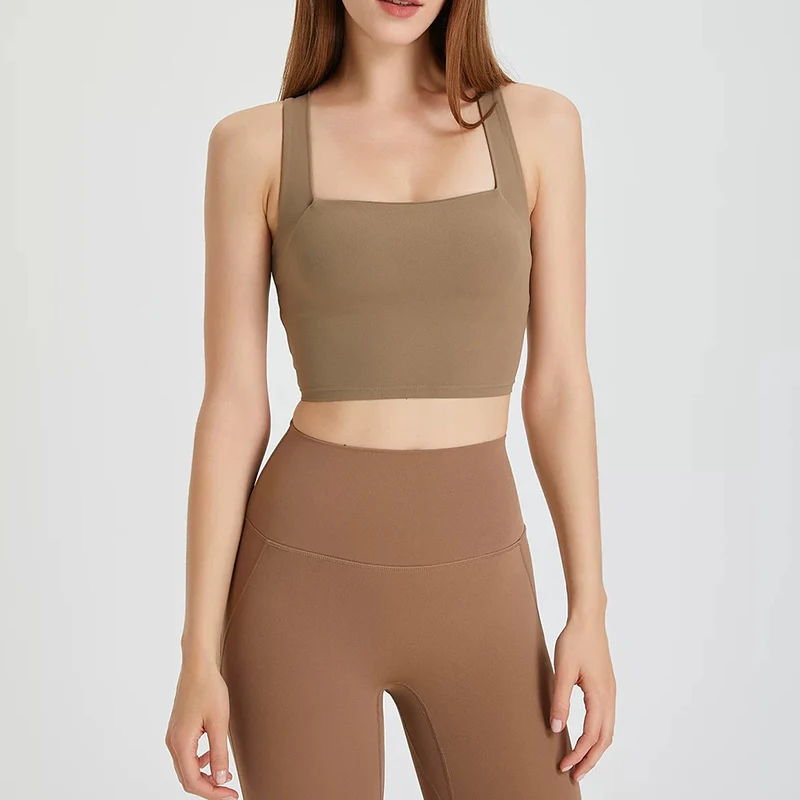 女性用ヨガスポーツブラ、ヌードシームレスクロスバックビューティースポーツブラ、ワイドショルダーストラップフィットネスブラ